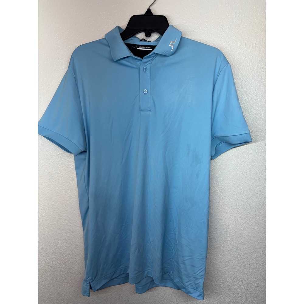 J.Lindeberg Mens Regular Fit Golf Polo Shirt Blue Large Baltic Sea Bridge Logo